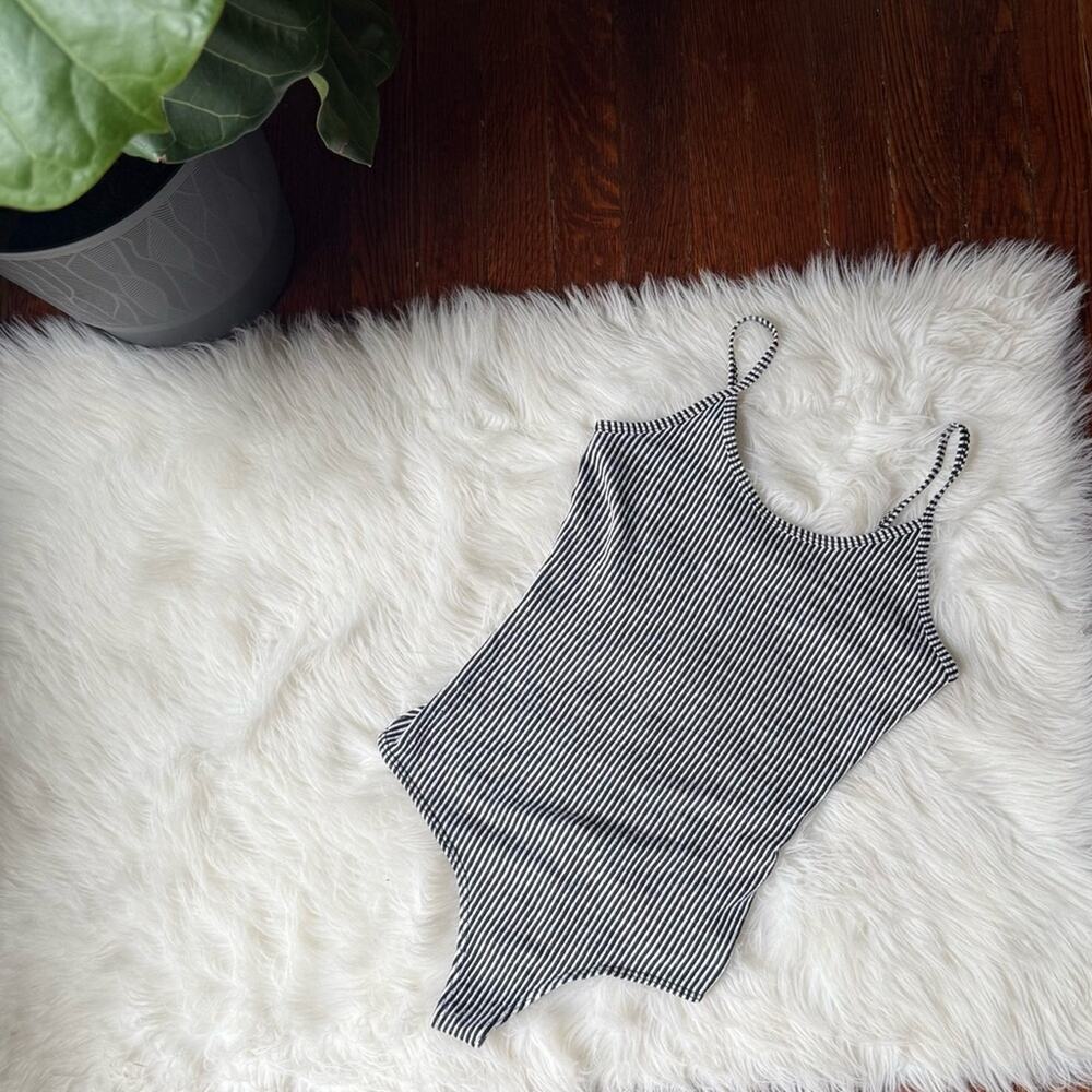 By Together Black White Vertical Stripe Textured Bodysuit Size L